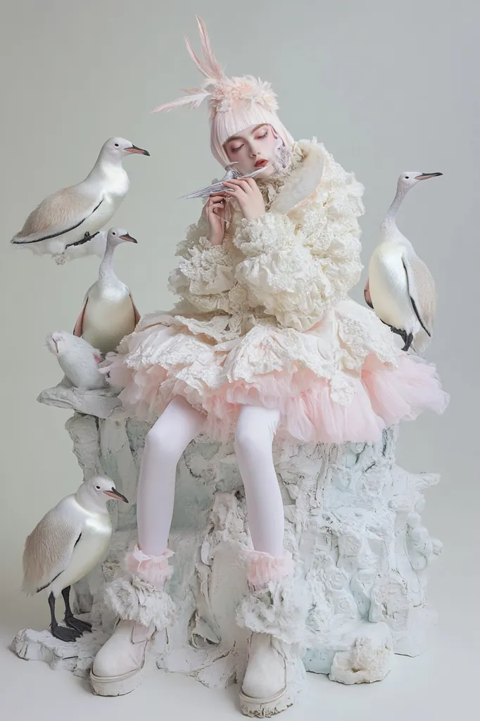 A young woman with pale skin and pink hair styled in a feathered headdress is seated on a white, textured pedestal.  She wears a delicate, ruffled, off-white and pink dress and white tights.  Several white birds, resembling gulls, are perched around her and the pedestal, creating a whimsical, ethereal scene. The overall aesthetic is light, airy, and subtly fantastical.