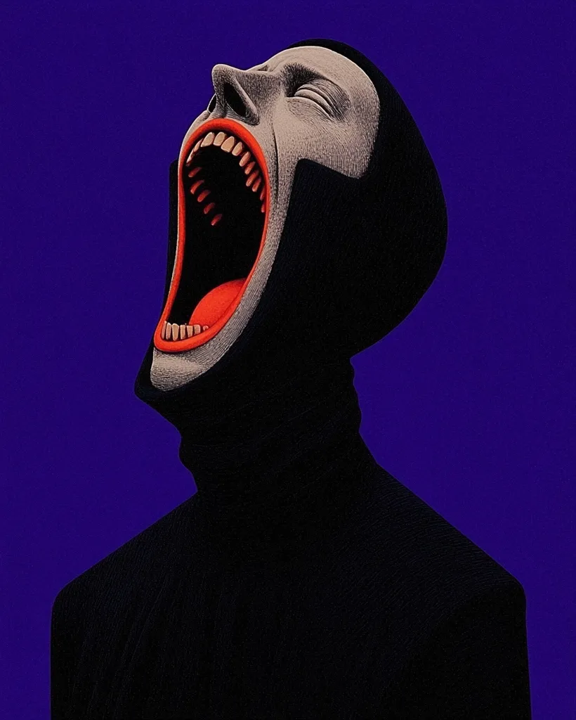 Against a deep purple backdrop, a stylized figure is depicted, its face obscured by a dark turtleneck that covers the head and neck.  The mouth is grotesquely open in a silent scream, revealing exaggerated teeth and vibrant red lips. The figure’s expression is one of intense, silent anguish. The style is reminiscent of graphic novel art or surrealist illustration, emphasizing stark contrast and a sense of unease.