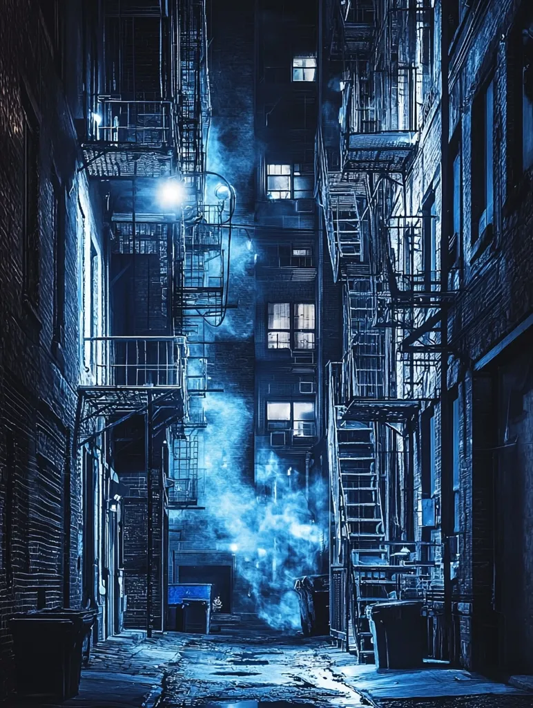 A dimly lit, narrow alleyway between brick buildings is shrouded in blue-tinged smoke.  Fire escapes climb the sides of the buildings, their metalwork stark against the dark brick.  Dumpsters sit at the alley's end, adding to the urban decay.  A single light casts a weak glow, highlighting the damp, worn pavement. The overall atmosphere is moody, mysterious, and somewhat ominous.
