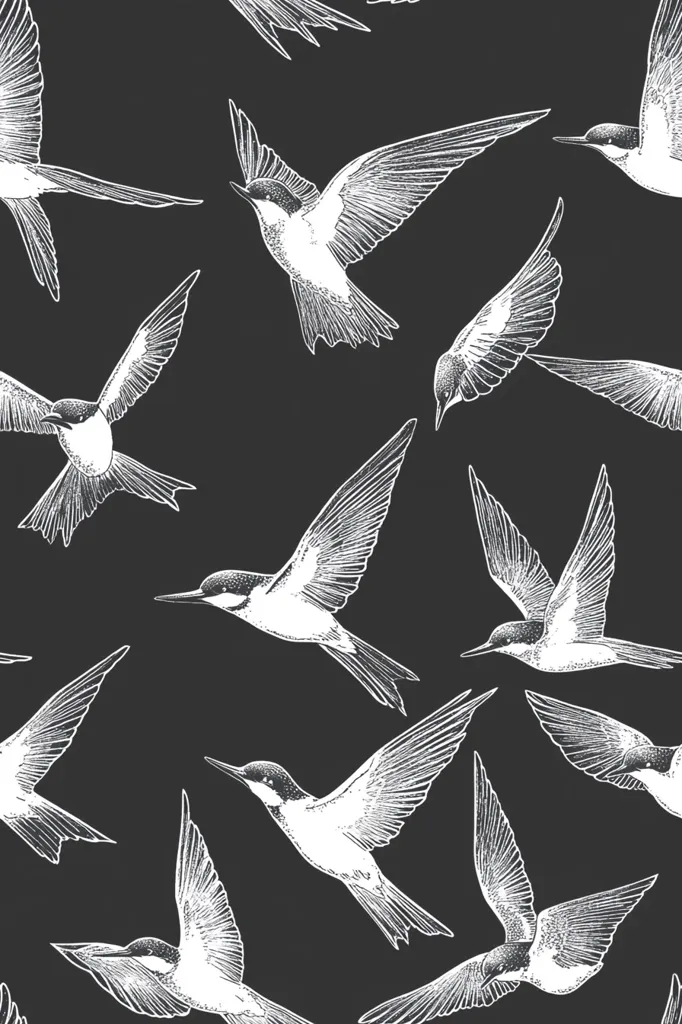 Here's a description of the image:

The image showcases a seamless pattern of intricately detailed, white birds in flight against a dark charcoal gray background.  The birds, possibly swallows or similar species, are depicted in a hand-drawn, sketch-like style with fine lines emphasizing their feathers and wings. They are shown at various angles and positions, creating a dynamic and energetic feel.  The pattern is repetitive, suggesting a textile print or wallpaper design. The overall style is reminiscent of vintage nature illustrations or ornithological sketches.