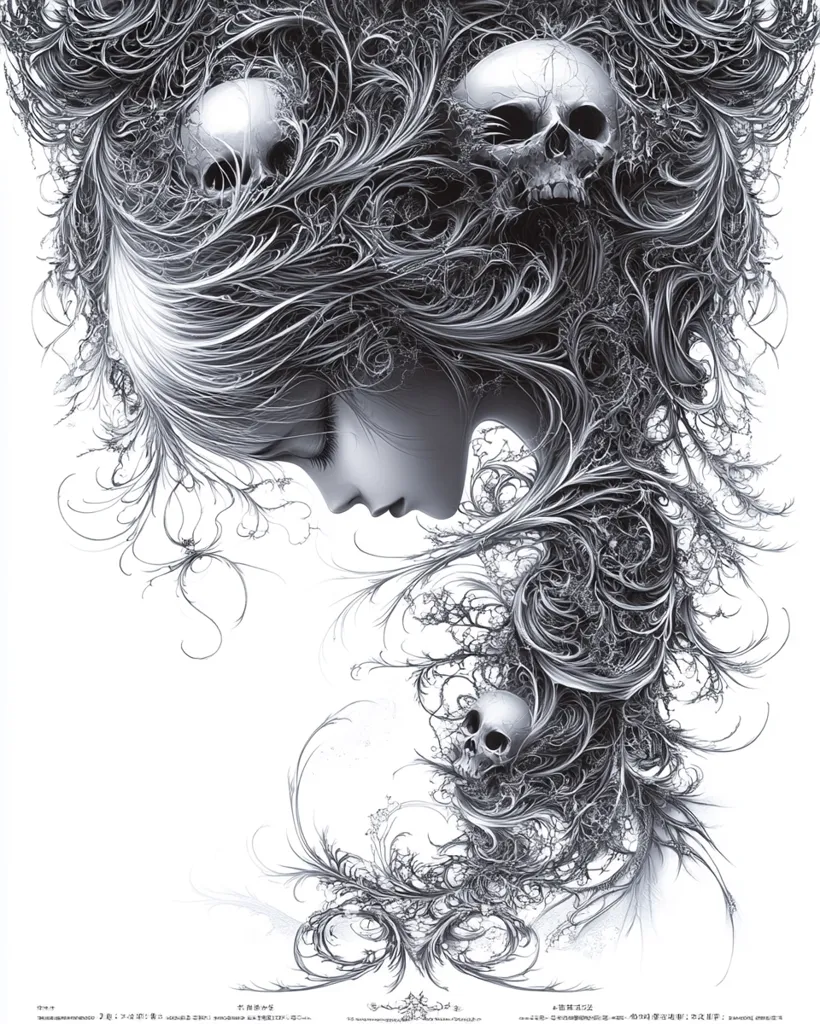 A grayscale artwork depicts a woman's profile interwoven with intricate, thorny, skull-adorned vines.  Her face is serene despite the dark, gothic aesthetic.  The vines resemble hair, cascading down her back and forming a complex, almost organic pattern.  Three skulls are subtly nestled within the design, adding to the image's melancholic and macabre mood. The style suggests a blend of fantasy and dark art.