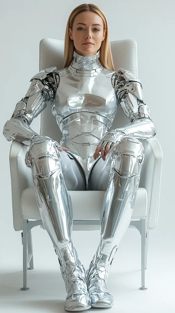 A female humanoid robot, clad in a polished silver exoskeleton, sits serenely in a minimalist white chair.  Her blonde hair is neatly styled, contrasting with the metallic sheen of her suit. The robot's expression is calm and composed, conveying a sense of advanced artificial intelligence. The overall image presents a futuristic aesthetic, suggesting a blend of technology and human-like features.  The stark white background emphasizes the robot's metallic form.