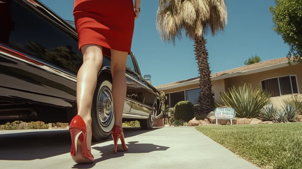 Here's a description of the image:

The photo is a low-angle shot of a woman in a red dress and red high heels walking away from a classic black car parked on a driveway. The car is highly polished, reflecting the surroundings. The woman's legs and shoes are the focus, her body partly obscured. The setting is a sunny suburban street, with a single-story house and a palm tree visible in the background. A small real estate sign stands on the lawn. The overall aesthetic is retro and glamorous.