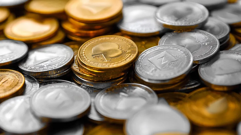 Here's a description of the image:

The image shows a close-up view of numerous cryptocurrency coins stacked haphazardly.  The coins are predominantly gold and silver, with the Zcash (Z) symbol clearly visible on several silver coins.  Stacks of both gold and silver coins are present, suggesting a collection or a large quantity. The focus is shallow, blurring the coins in the background, but the detail on the coins in the foreground is sharp.  The overall impression is one of wealth and the abundance of digital currency.