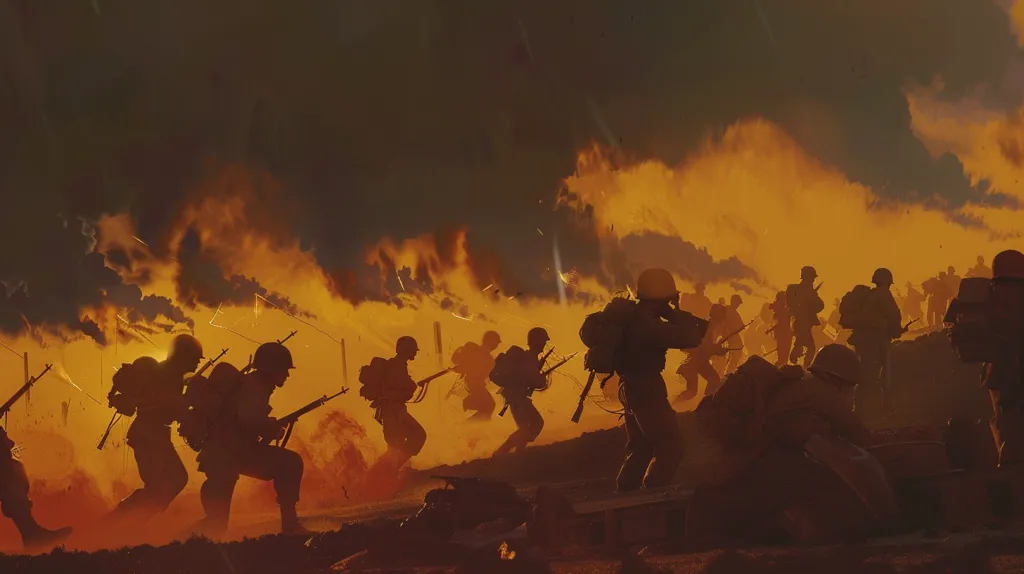 Here's a description of the image:

The image depicts a dramatic, silhouetted scene of soldiers advancing across a fiery, war-torn landscape.  The setting sun casts an intense orange glow on a smoke-filled sky, creating a hellish atmosphere.  The soldiers, armed with rifles, are moving forward, their forms stark against the bright background.  The overall composition suggests the intensity and chaos of battle, emphasizing the soldiers' determination amidst destruction.  The image's style evokes classic war art, with a focus on capturing the emotional weight of conflict.