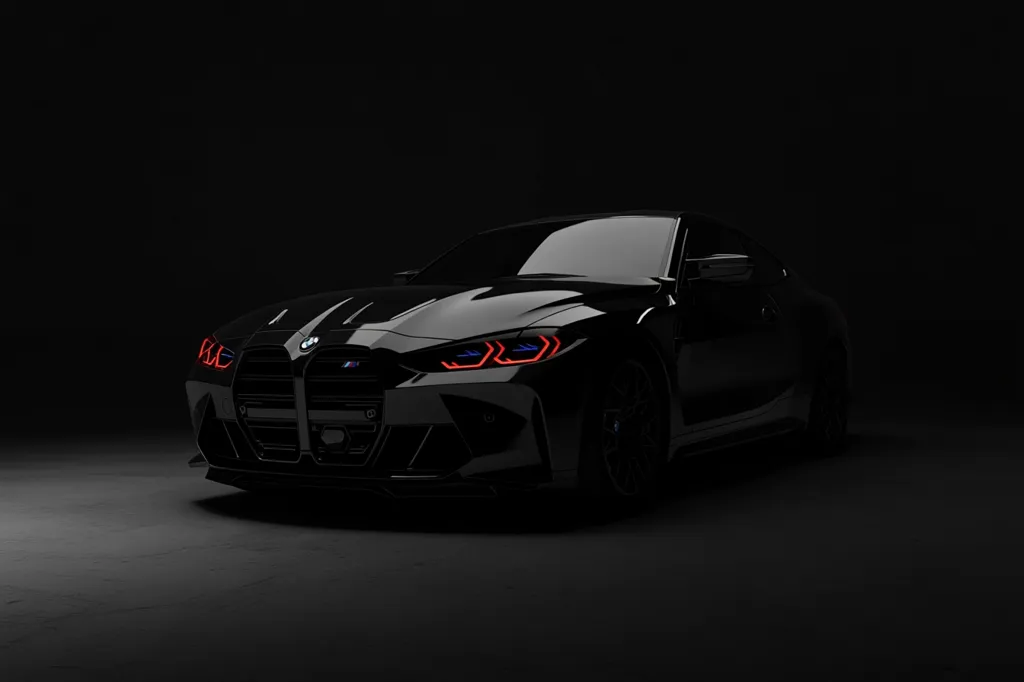 The image shows a sleek, black BMW M4 Coupe, dramatically lit against a dark background.  The car's headlights are illuminated with a striking red accent, creating a sharp contrast against the otherwise shadowy silhouette. The focus is on the front of the vehicle, showcasing its aggressive design and sporty features. The overall mood is one of mystery and power, highlighting the car's elegance and performance.