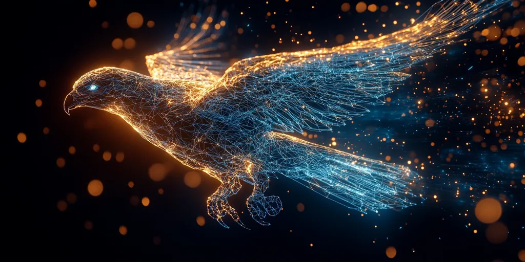 The image showcases a stylized eagle in flight, rendered in a network of glowing blue and orange lines against a dark background speckled with bokeh lights.  The bird's form is abstract, constructed from interconnected points of light, giving it a digital or ethereal quality. The vibrant colors and dynamic pose suggest speed and freedom, creating a visually striking and captivating effect.