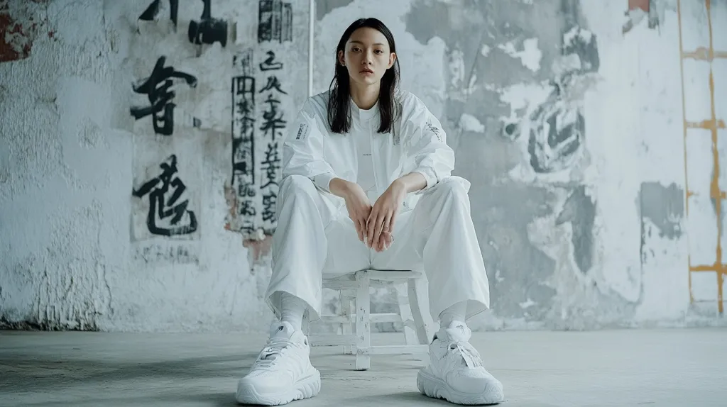A young woman with long dark hair sits on a small white stool against a weathered wall adorned with faded Chinese characters.  She's dressed entirely in white: loose-fitting pants, a jacket, and chunky white sneakers. Her pose is calm and contemplative, her hands resting in her lap. The overall aesthetic is minimalist and monochromatic, emphasizing a sense of quiet strength and urban cool.  The textured wall provides a stark contrast to her clean attire.