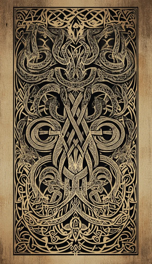 The image showcases an intricate, symmetrical design reminiscent of Celtic knotwork.  Executed in black and gold, the pattern features interwoven, serpentine forms creating a central axis and radiating outwards. The style evokes ancient manuscripts or decorative carvings, suggesting a timeless, possibly mythical or spiritual theme. The overall composition is contained within a square border, further enhancing its formal and stylized nature. The texture appears slightly aged or weathered, contributing to its antique aesthetic.