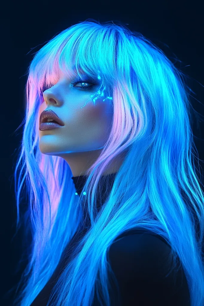 Here's a description of the image:

Close-up view of a woman with long, flowing, bright blue and slightly pink-tinged hair that appears to be glowing under ultraviolet light.  Her hair is styled with a fringe across her forehead.  She has striking makeup, including what seems to be neon blue and white accents near her eyes, giving a futuristic or otherworldly aesthetic. Her expression is serious, and she is looking slightly upward. She's wearing a dark, turtleneck top. The background is a deep, dark black, which contrasts sharply with the vibrant colors of her hair and makeup. The overall effect is one of fantasy, science fiction, or avant-garde beauty.