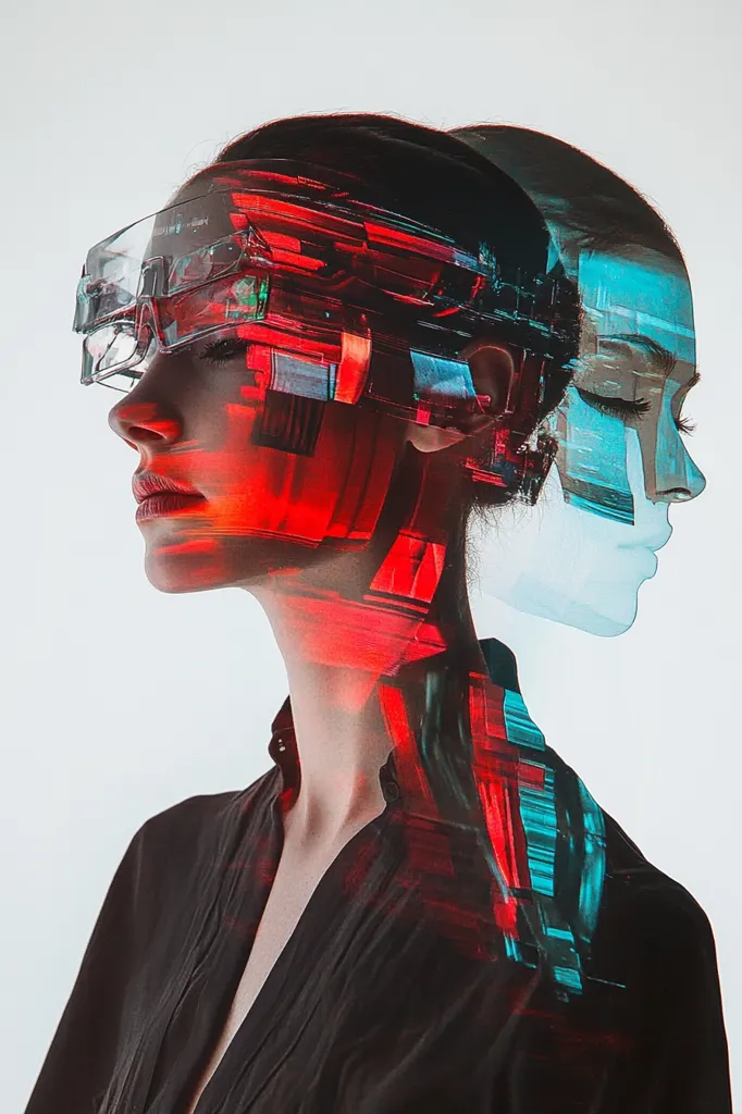 Here's a description of the image:

The image is a stylized portrait of a woman wearing futuristic, transparent glasses.  Her face is overlaid with a double exposure effect, showcasing vibrant red and teal digital glitches and streaks that seem to emanate from her glasses.  A second, fainter, translucent image of the same woman is visible behind the primary image, suggesting a digital twin or a fragmented self.  She's dressed in a dark, collared shirt, providing a contrast to the bright, technological overlay. The overall aesthetic is one of cyberpunk or digital surrealism.