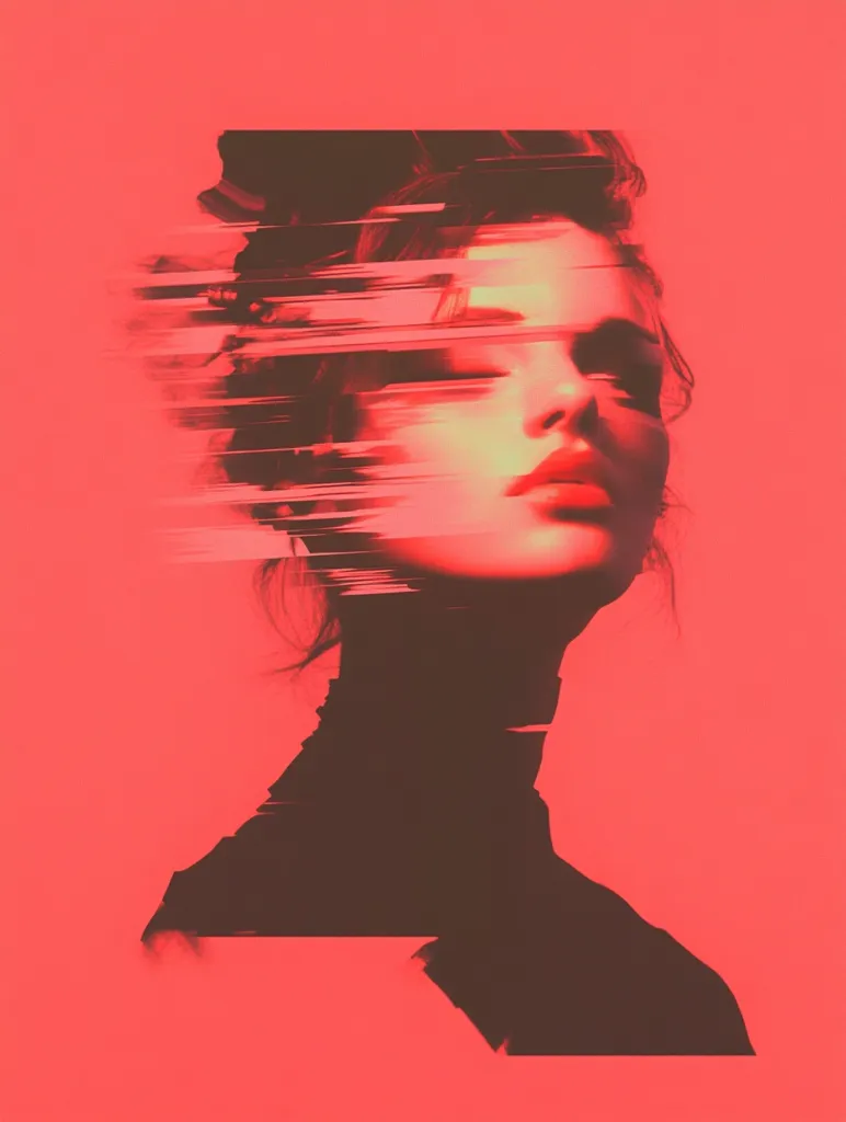 The image is a stylized portrait of a woman against a vibrant coral background.  Her face and upper body are partially obscured by horizontal, glitch-like streaks of dark color, creating a fragmented effect.  The style suggests a digital manipulation or artistic rendering, blending realism with an abstract, almost futuristic aesthetic.  The overall mood is striking and slightly mysterious, with the red background emphasizing the subject’s intense gaze and expression.