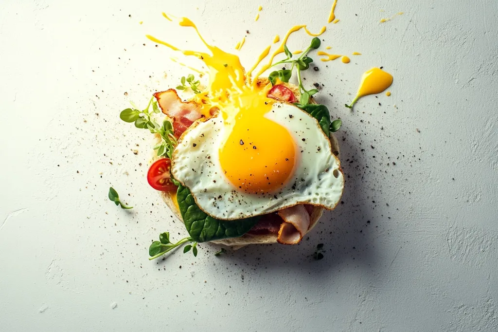 Here's a description of the image:

A vibrant overhead shot showcases a delectable breakfast creation.  A perfectly fried egg, boasting a sunny-side-up yolk, rests atop a base that appears to be a toasted English muffin or similar bread.  Bits of crispy bacon, spinach, and a cherry tomato add color and texture.  Tiny sprouts garnish the sides, and a splash of bright yellow sauce, possibly hollandaise or cheese sauce, creates a dramatic burst around the egg.  The entire composition is scattered with black pepper, and it sits on a light gray textured background. The overall impression is one of deliciousness and artful food presentation.