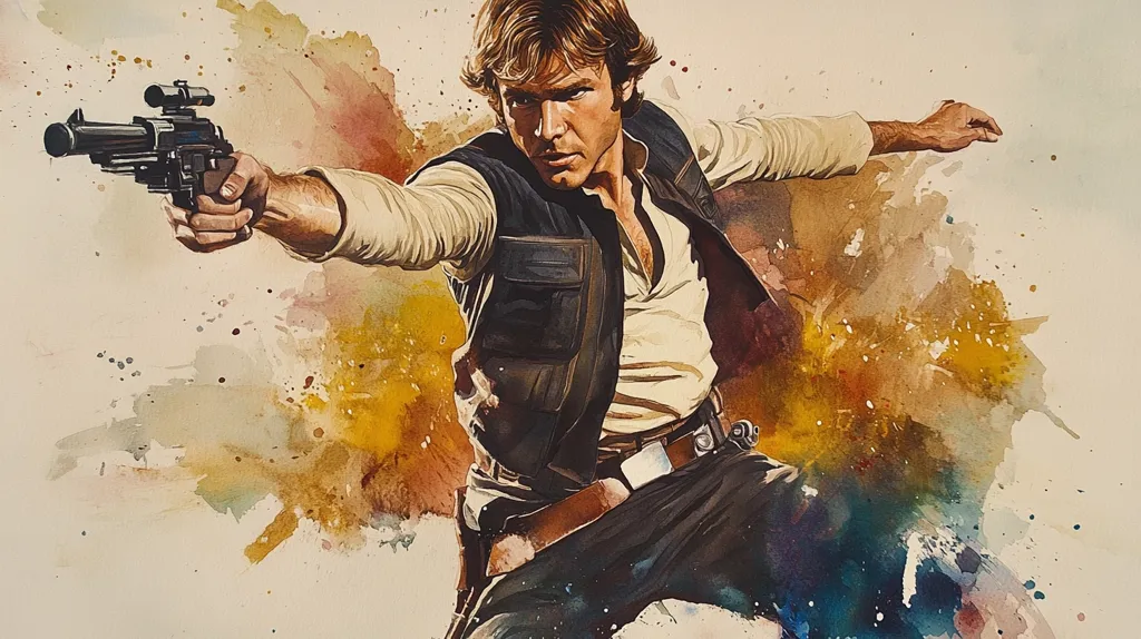 This watercolor painting depicts Han Solo, the iconic Star Wars smuggler.  He's dynamically posed, aiming his blaster, his determined expression and body language conveying action and intensity.  His signature vest and attire are clearly visible. The background is a vibrant wash of yellows, oranges, and browns, with splashes of color suggesting movement and energy, enhancing the overall dramatic effect. The style is expressive and painterly, with loose brushstrokes capturing a sense of motion.