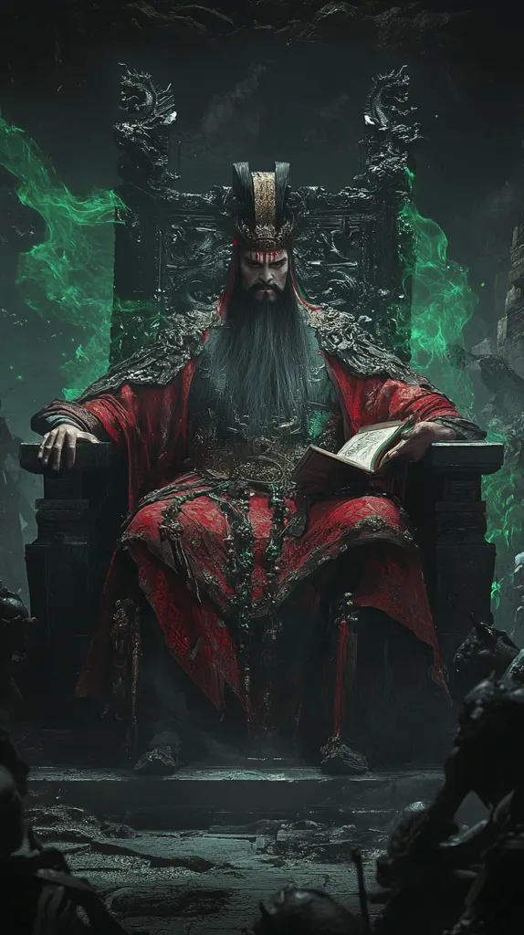Here's a description of the image:

The image depicts a powerful, dark figure resembling an emperor or high-ranking official, seated on an ornate, dragon-adorned throne. He's clad in rich, dark red robes, detailed with gold accents, and a tall, elaborate headdress. His long, gray beard adds to his imposing presence.  He holds an open book, suggesting wisdom or power. The throne room is dimly lit, with ethereal green mist swirling around him, creating an otherworldly atmosphere. The overall mood is dark, mysterious, and authoritative.  The background hints at a decaying or ancient setting, enhancing the image's dramatic effect.