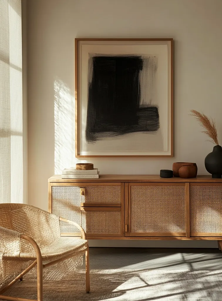 Here's a description of the image:

A sunlit room showcases a minimalist aesthetic.  A light wooden sideboard with woven cane detailing is the focal point, topped with a stack of books and decorative bowls.  Above it, a large framed abstract painting features a bold black brushstroke on a beige canvas. A light beige woven chair sits to the left, and a dried pampas grass arrangement in a dark vase rests on the sideboard's right.  The overall color palette is warm and neutral, with soft natural light filtering through a sheer curtain. The scene evokes a feeling of calm and serenity.