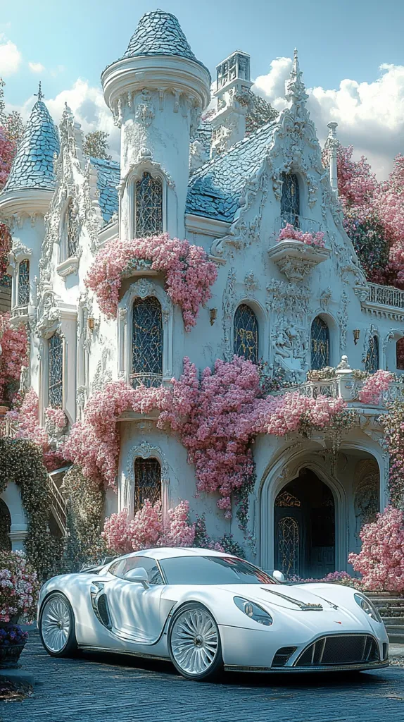 A stunning white sports car sits before a fairytale-like mansion. The house is ornate, white with light blue roofing, and adorned with intricate detailing.  Pink blossoms cascade down the walls, creating a breathtakingly romantic setting. The scene is idyllic, suggesting wealth and a whimsical, luxurious lifestyle. The contrast between the sleek modern car and the old-world charm of the mansion adds a captivating element to the image.