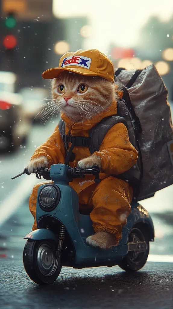 A ginger cat, wearing a FedEx cap and orange jumpsuit, rides a teal scooter through a snowy city street.  A large backpack is strapped to its back. The cat's expression is serious and focused as it navigates the urban landscape, snowflakes gently falling around it.  The image is digitally rendered, with a highly realistic style.  The overall impression is one of playful anthropomorphism and a charmingly unexpected delivery scene.