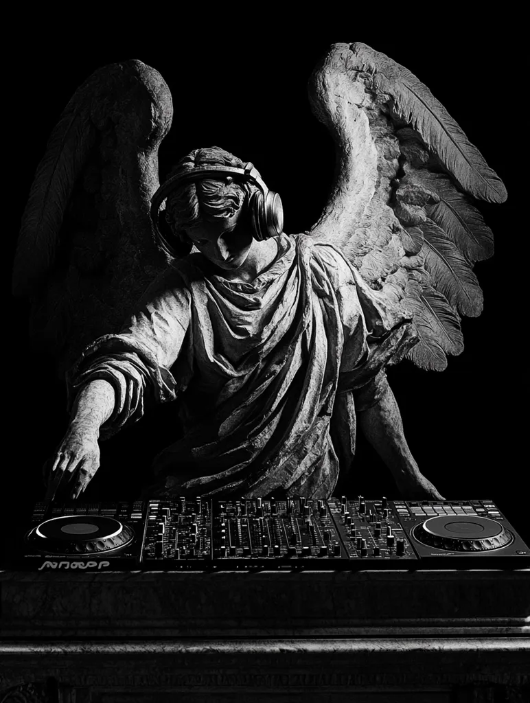 Here's a description of the image:

A black and white image showcases a majestic angel statue, its wings dramatically spread.  The angel, rendered in a classical style, is uniquely depicted wearing large headphones and its hand rests on a professional DJ mixer. The contrast between the ancient, solemn statue and modern DJ equipment creates a striking juxtaposition. The background is pure black, emphasizing the starkness of the image and focusing attention on the central figure. The overall mood is dark, artistic, and slightly surreal.