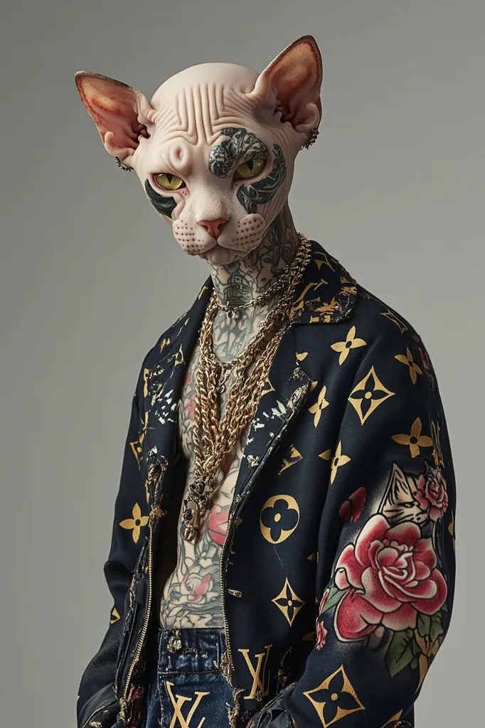 The image shows a stylized figure with the head of a Sphynx cat. The cat-headed figure is heavily tattooed and wears a dark Louis Vuitton-patterned jacket, multiple gold chains, and distressed denim jeans. The tattoos extend down the figure's body and include floral designs on the jacket. The overall aesthetic is a blend of high fashion and edgy street style with a surreal twist.  The background is a neutral gray.