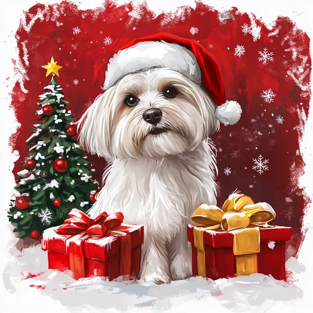 Here's a description of the image:

A charming digital painting showcases a fluffy white Maltese dog, adorned in a Santa hat, seated amidst a festive Christmas scene.  Two beautifully wrapped presents, one red with a red bow, and another red with a gold bow, flank the dog. A snow-dusted Christmas tree stands to the dog's left, adding to the winter wonderland ambiance. The backdrop is a rich, red textured surface sprinkled with snowflakes, enhancing the overall celebratory mood of the artwork. The style is painterly, with visible brushstrokes contributing to a warm and inviting feel.