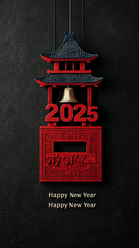 Here's a description of the image:

The image is a stylized New Year's greeting for 2025. A red miniature pagoda hangs against a dark gray background.  The numbers "2025" are prominently displayed in red, nestled within the pagoda's structure, which includes a small gold bell.  Chinese characters are visible on the base of the pagoda. The phrase "Happy New Year" is repeated below the structure. The overall aesthetic is minimalist and elegant, emphasizing the celebratory theme with traditional Asian design elements.