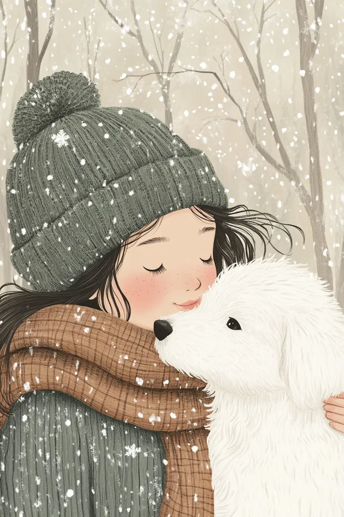 A girl, bundled in a cozy green knit hat and brown scarf, embraces a fluffy white dog.  Snow gently falls around them in a wintery woodscape. The girl's eyes are closed, suggesting peaceful contentment. The illustration's soft color palette and detailed textures create a warm, comforting scene.  The overall feeling is one of quiet intimacy and winter joy.