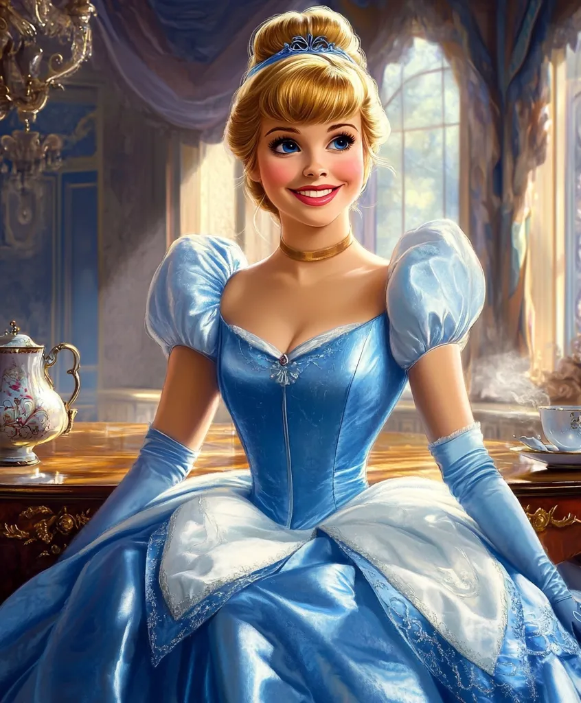 This is a stunning portrait of Cinderella, depicted in a vibrant, realistic style.  She's elegantly seated in a luxurious room, wearing her iconic light blue ball gown. Her hair is styled in an updo, and her expression is one of sweet contentment.  Delicate details, such as her gloves and the ornate setting, add to the image's richness.  A teapot and teacup are subtly placed on a nearby table, hinting at a moment of peaceful respite for the princess. The overall effect is a captivating and dreamy rendition of the classic fairytale character.