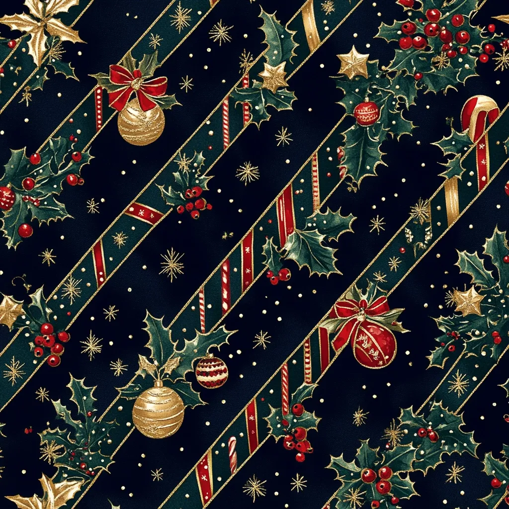 This image shows a dark navy blue fabric with a repeating Christmas pattern.  Diagonal gold ribbons, interspersed with candy canes, run across the fabric.  Gold and red Christmas ornaments, sprigs of holly with red berries, and gold stars are scattered between the ribbons.  The overall effect is rich, elegant, and festive. The design is reminiscent of vintage Christmas imagery.