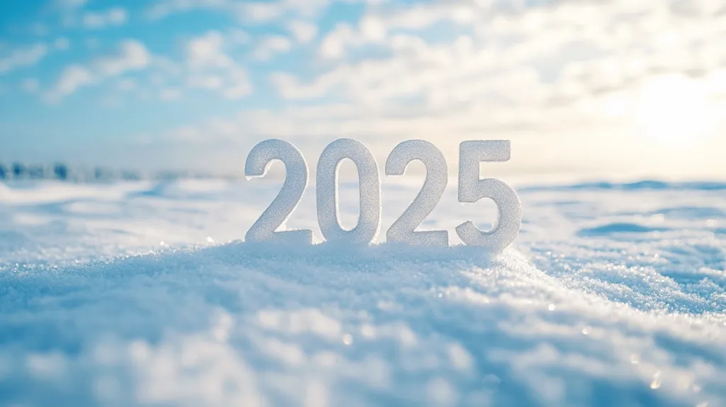 The year 2025 is depicted in large, frost-covered numerals nestled in a pristine, snow-covered landscape.  The scene is bathed in bright, soft sunlight under a mostly clear sky.  The snow is undisturbed except for the numbers, creating a serene and wintry feel, suggestive of a new year's arrival or a hopeful, fresh start. The image is sharply focused on the numbers, with a blurred background highlighting the vastness of the snowy expanse.