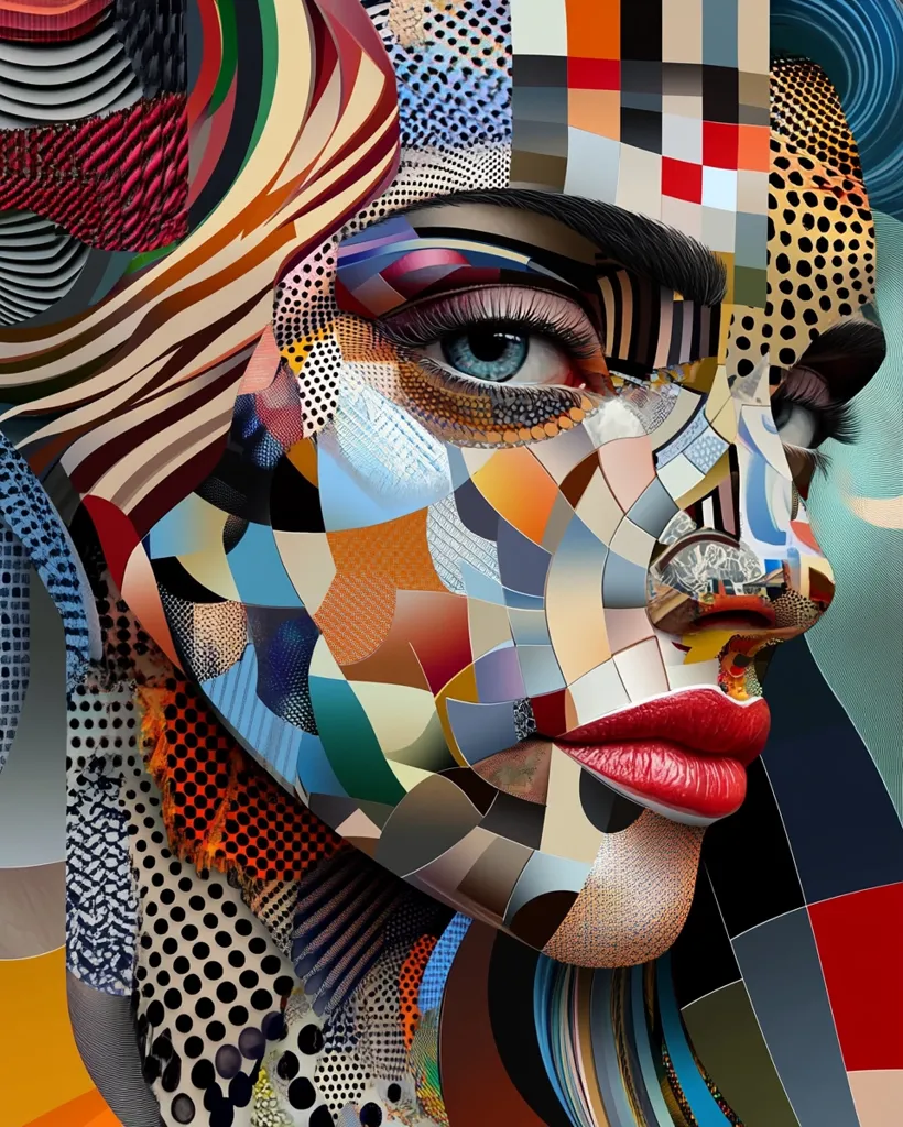 Here's a description of the image:

The artwork is a vibrant, abstract portrait of a woman's face, constructed from a multitude of geometric shapes and patterns.  Colors are bold and varied, ranging from deep reds and oranges to cool blues and grays.  The style is reminiscent of Cubism and Pop Art, with distinct blocks of color and texture creating a multifaceted representation of the face.  The woman's eye is particularly striking, rendered with intricate detail amidst the surrounding geometric chaos.  The overall effect is both chaotic and harmonious, showcasing a playful interplay of color and form.
