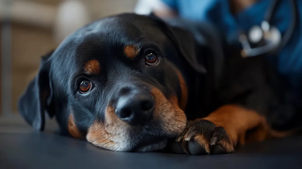 Close-up view of a Rottweiler dog lying down, its head resting on a dark surface.  The dog's expression is calm and somewhat melancholic; its large, expressive eyes are the focal point.  The rich black and tan fur is visible, along with its broad head and strong paws.  A blurred background suggests the dog may be at a veterinarian's office, with a hint of a stethoscope and blue scrubs visible. The overall mood is one of quiet contemplation.