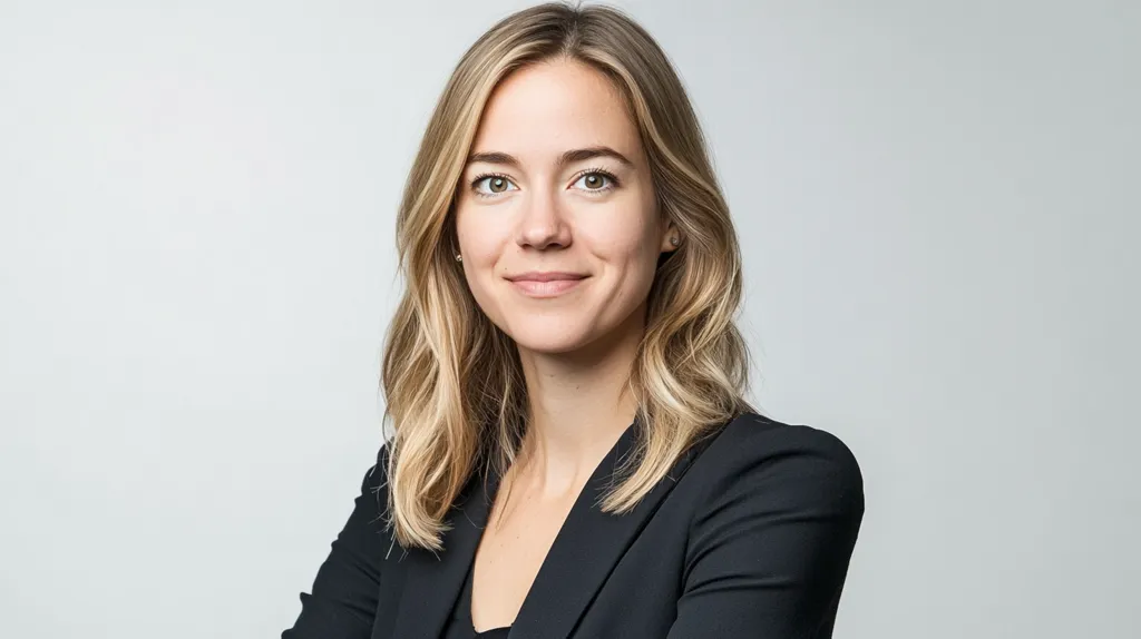 Here's a description of the image:

The photo shows a young woman with shoulder-length, wavy blonde hair. She's wearing a black blazer and has a pleasant, confident expression. Her makeup is minimal and natural, and she's looking directly at the camera. The background is a plain, light gray, keeping the focus entirely on the woman. The overall impression is one of professionalism and approachability.
