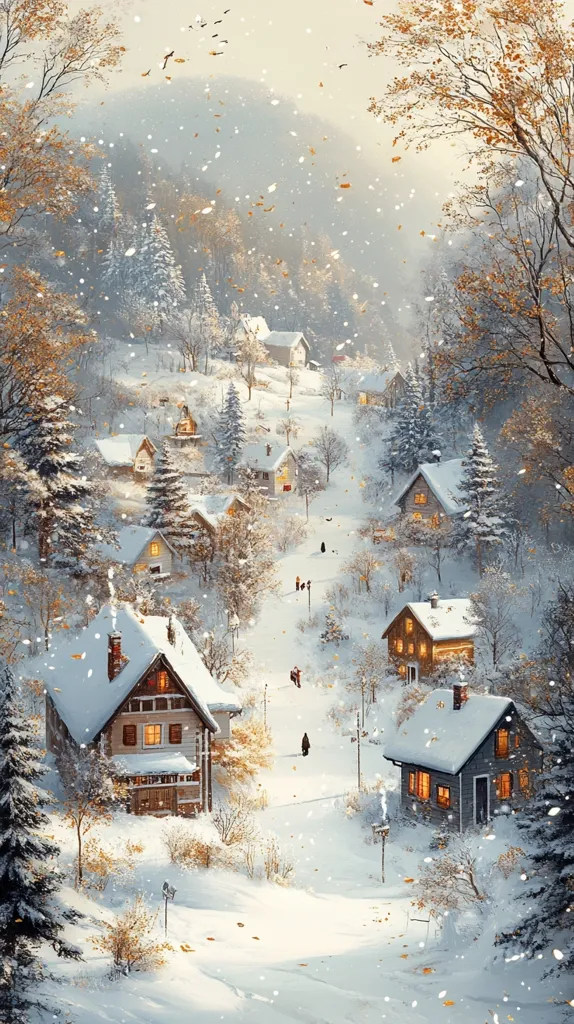 A picturesque snow-covered village nestles in a valley, bathed in the soft glow of warm lamplight from cozy homes.  Snow falls gently, accompanied by swirling autumn leaves, creating a magical winter scene.  Small figures can be seen walking along the snow-dusted path, adding to the tranquil ambiance. The houses, with their snow-laden roofs, evoke a sense of warmth and holiday cheer against the backdrop of softly lit hills.  The overall effect is one of serene beauty and quiet winter charm.