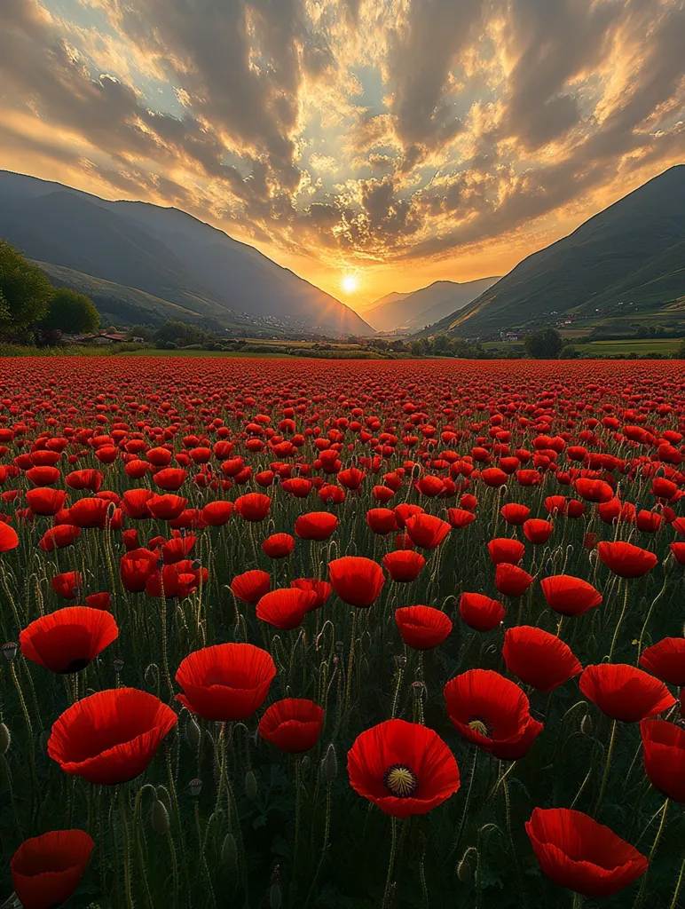 A breathtaking sunset casts a warm glow over a vast field of vibrant red poppies.  Rolling mountains form a dramatic backdrop, their silhouettes sharply defined against the colorful sky.  The scene is serene and peaceful, a picturesque landscape of nature's beauty at its finest.  The sun, partially obscured by clouds, creates a radiant spectacle, illuminating the endless expanse of flowers.