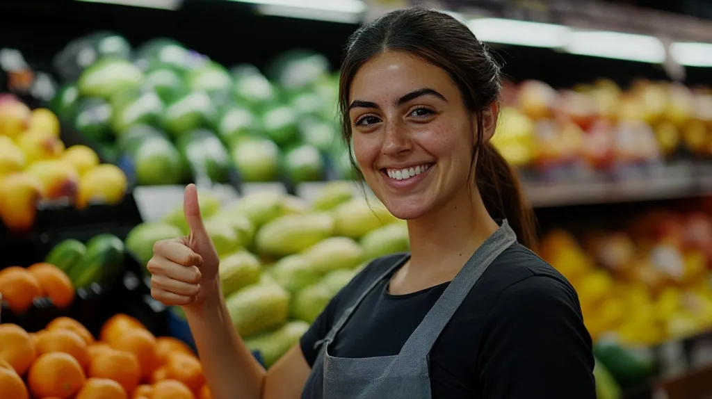 A young woman with dark hair pulled back in a ponytail smiles warmly at the camera, giving a thumbs-up. She's wearing a dark t-shirt and a grey apron, standing in a brightly lit produce section of a grocery store.  Rows of colorful fruits and vegetables—oranges, mandarins, and various melons—blur softly in the background, creating a vibrant and fresh atmosphere.  Her positive expression suggests satisfaction with the store's offerings.