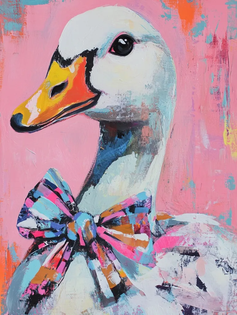 Here's a description of the image:

The painting is a vibrant, expressive portrait of a swan's head and neck against a pink background.  The swan is rendered in predominantly white and light gray hues, contrasted by a bold, multicolored bow tie featuring pinks, blues, and oranges.  The artist uses a loose, impasto style, with visible brushstrokes and a textured feel. The background is a wash of pink with hints of other colors, giving it an energetic and playful atmosphere. The swan’s beak is a bright yellow and orange. The overall effect is bold and whimsical.