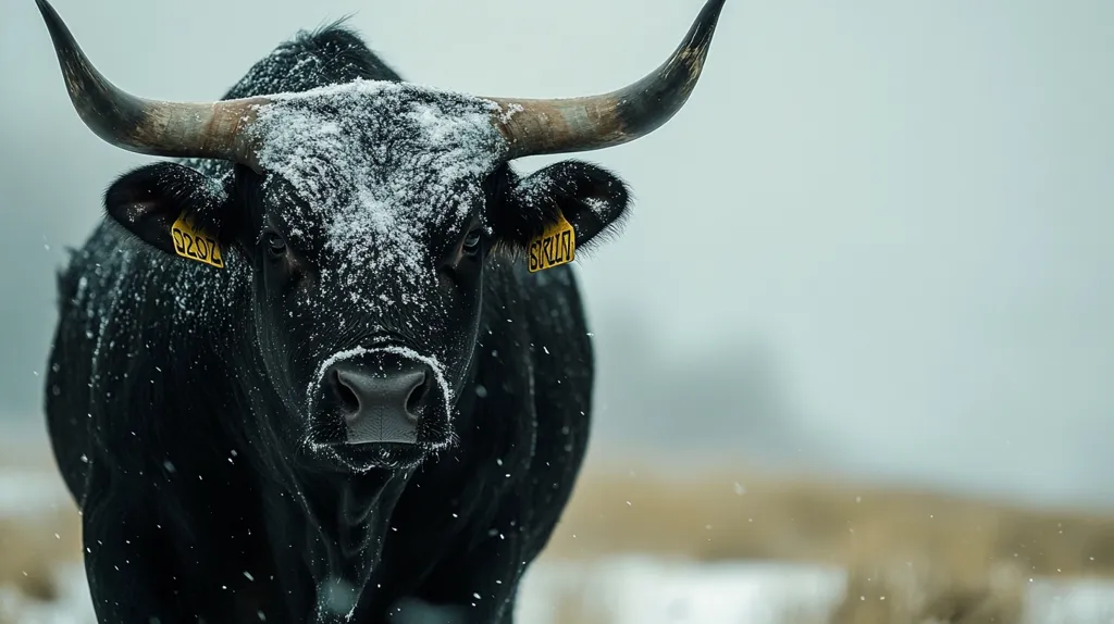 Here's a description of the image:

The image shows a large, black bull standing in a snowy field.  The bull is covered in a light dusting of snow, particularly on its broad, dark horns and head.  Its dark coat contrasts sharply with the white snow.  The bull's gaze is direct, almost challenging, toward the camera.  Yellow ear tags are visible in its ears, indicating identification. The background is blurred, showing a muted tan landscape and falling snow, creating a shallow depth of field that focuses attention on the bull.  The overall mood is one of stark beauty and quiet strength in a wintry setting.