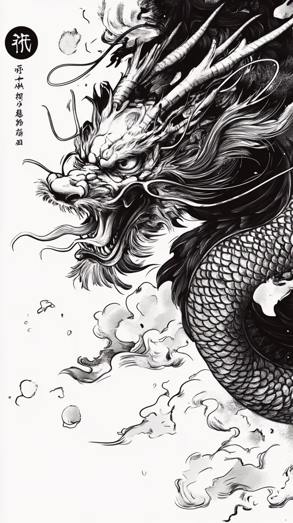 Here's a description of the image:

The image is a striking monochrome illustration of a dragon's head and part of its body, rendered in a style reminiscent of Japanese woodblock prints or ink wash painting.  The dragon is powerfully depicted, with intricate detailing in its scales, horns, and whiskers.  It's surrounded by swirling clouds or smoke, adding to a sense of movement and dynamism. The overall style is dark and dramatic, with stark contrasts between light and shadow enhancing the texture and depth of the dragon's form.  Japanese text is subtly placed to the left, adding an element of authenticity to the artistic design.
