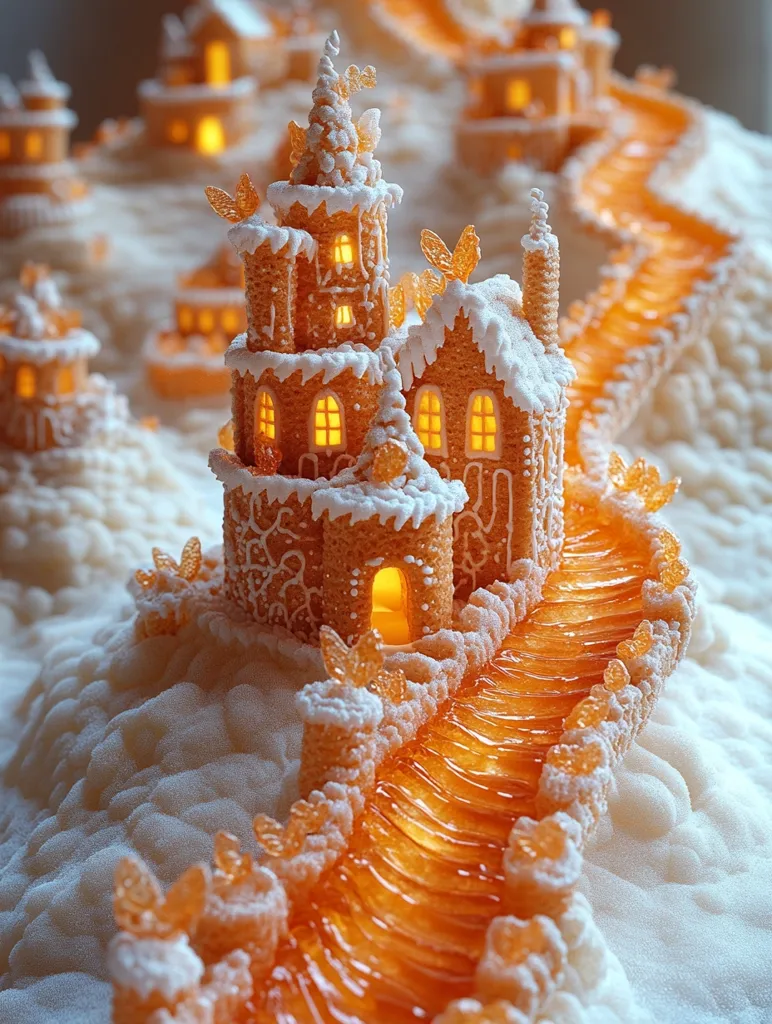 A whimsical gingerbread castle is the centerpiece of a sugary landscape.  Illuminated from within, it sits atop a snowy hill, connected to smaller gingerbread houses by a glowing, amber-colored pathway resembling a river of candy.  Delicate, frosted details and small, decorative butterflies adorn the scene, creating a magical, winter wonderland aesthetic. The overall texture is soft and inviting, suggesting a delectable confection.