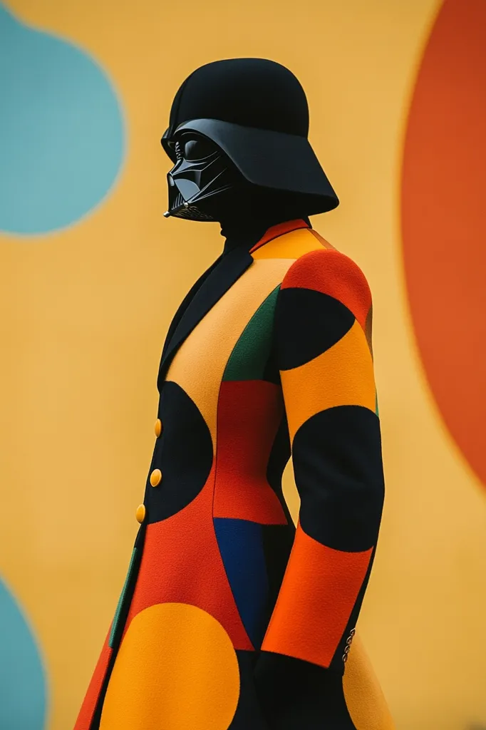 Here's a description of the image:

The image shows a person wearing a Darth Vader helmet and a vibrant, geometric coat. The coat is a patchwork of bold colors—red, orange, yellow, green, and navy blue—arranged in large, circular and angular shapes. The contrast between the dark, iconic helmet and the playful, colorful coat creates a striking visual juxtaposition. The background features a muted yellow backdrop with large, abstract colored circles, further enhancing the colorfulness of the subject. The overall style is bold and modern, a playful blend of pop culture and high fashion.