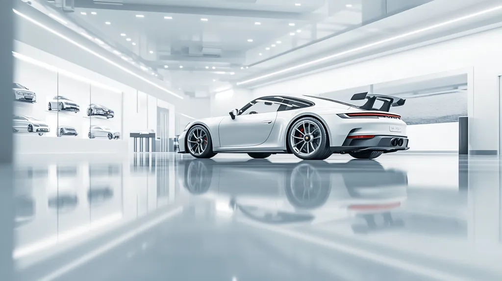 A sleek, white Porsche 911 GT3 RS is the focal point of a pristine, minimalist showroom.  The car's reflection is perfectly mirrored on the polished floor.  The background features a wall displaying smaller, model-like versions of various cars, enhancing the showroom's clean, modern aesthetic. The overall impression is one of luxury and high-end automotive design.