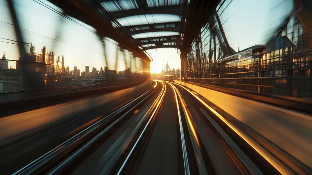 Here's a description of the image:

The image is a dynamic, fast-motion shot from inside a vehicle traveling at high speed across a bridge.  The blurred lines of the tracks and surrounding cityscape create a sense of motion and energy. The setting sun casts a warm golden light, illuminating the urban skyline in the distance, featuring buildings and possibly a tower or spire. The structure of the bridge itself is visible, appearing modern and metallic. The overall effect is one of modern transportation and urban dynamism.
