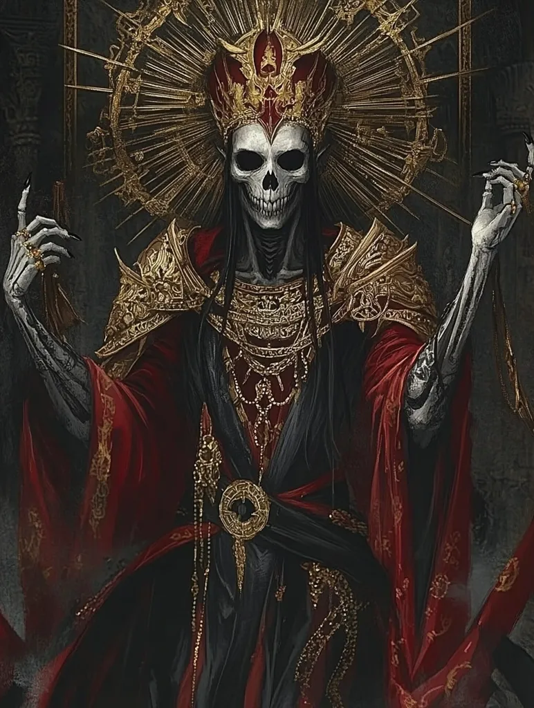 Here's a description of the image:

The artwork depicts a skeletal figure, regal in bearing, adorned in opulent attire.  The figure wears a crown and elaborate gold and red robes, heavy with ornate detailing and jeweled accessories.  A halo of golden rays emanates behind the head, creating a striking contrast against the dark background. The skeletal face, though deathly, maintains an air of authority. The overall aesthetic is a blend of dark fantasy and gothic grandeur. The rich color palette of deep reds and golds accentuates the figure's imposing presence.