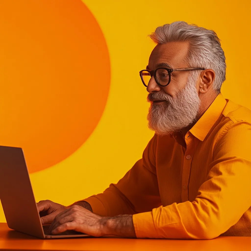 An older man with a gray beard and glasses sits at an orange table against a vibrant yellow background featuring a large orange circle. He's wearing a bright orange long-sleeved shirt and is focused on a laptop computer in his hands.  His expression is thoughtful, suggesting concentration on his work.  The overall image is bright, cheerful, and modern.
