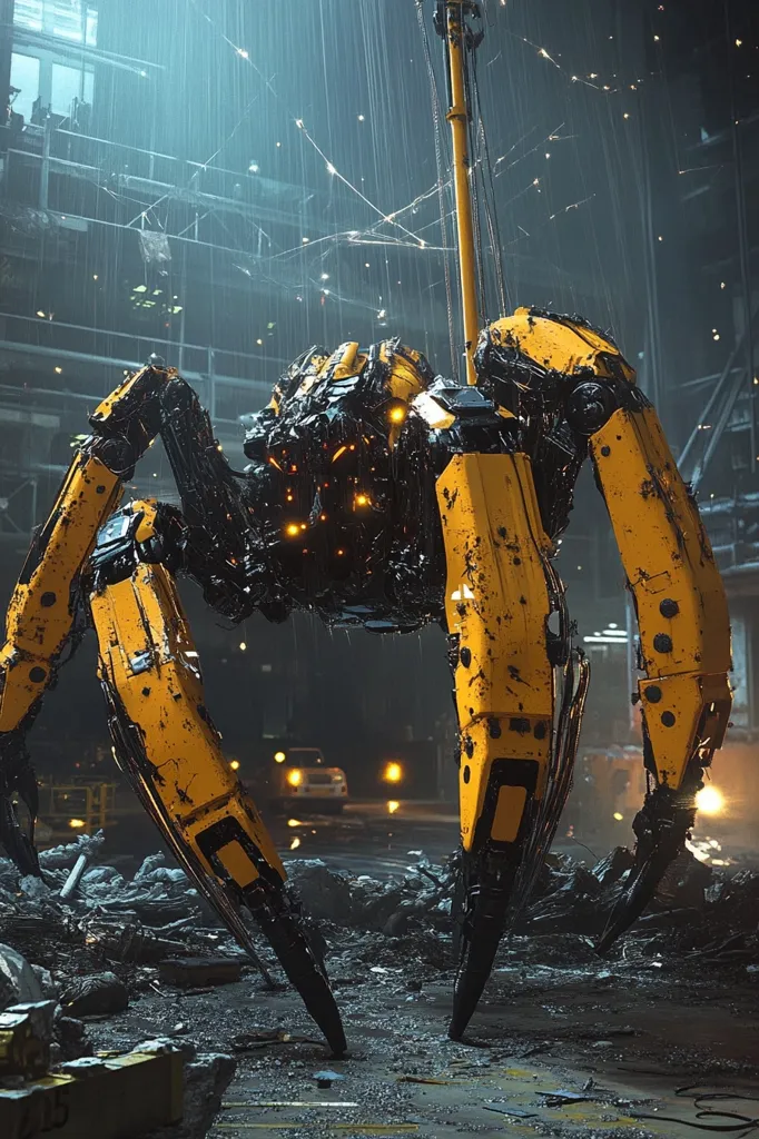 A large, spider-like robotic machine dominates the foreground of a rain-soaked urban scene.  Its yellow and black exoskeleton is heavily worn, suggesting intense use.  The background blurs into a dark, industrial cityscape under a stormy sky.  The robot's multiple legs end in sharp, powerful-looking attachments, and glowing internal lights hint at complex mechanics. Debris and rubble litter the ground around it, adding to the post-apocalyptic or dystopian atmosphere.  The overall impression is one of powerful, yet worn technology in a harsh environment.