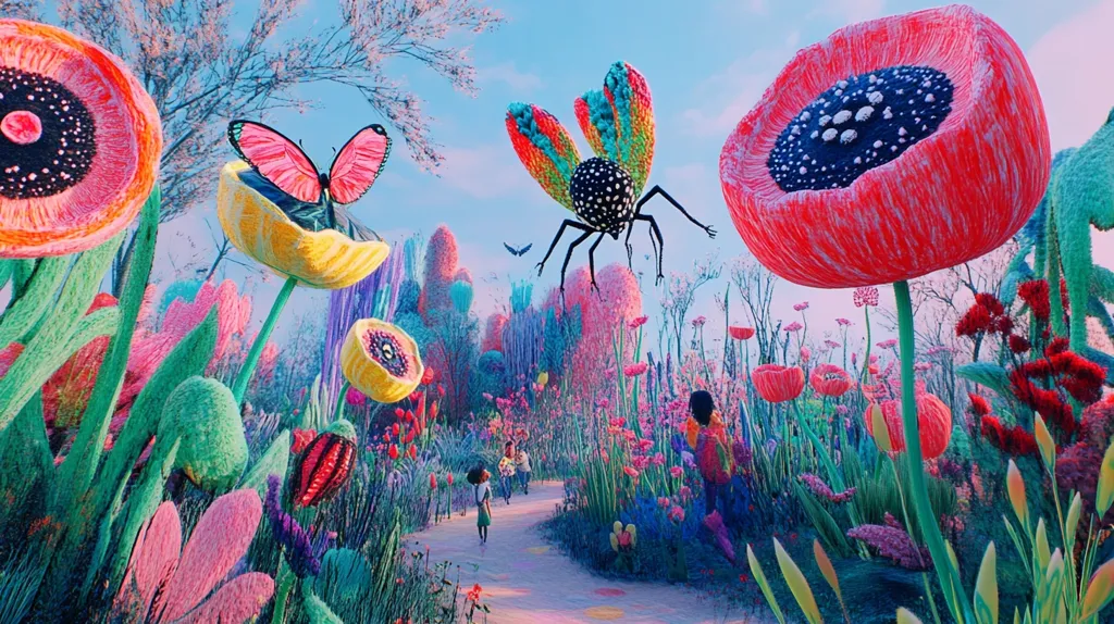 A whimsical digital painting depicts a vibrant, surreal garden.  Oversized, textured flowers in shades of pink, red, and yellow dominate the scene, interspersed with fantastical insects – a large, colorful beetle and a pink butterfly.  Small figures of children walk a path winding through the otherworldly flora, adding a touch of scale to the immense, dreamlike landscape. The style is highly stylized, with a textured, almost embroidered effect on the plants and insects, creating a playful and imaginative atmosphere.