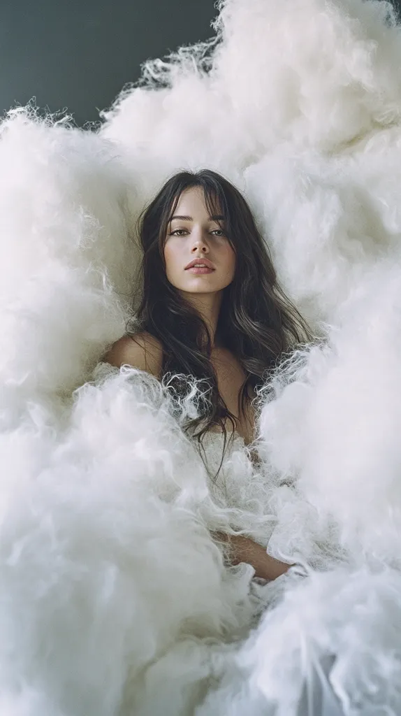 A young woman with long, dark brown hair sits nestled within a large, fluffy cloud-like mass of white material.  Her expression is serene and her gaze is directly at the camera. The texture of the material is soft and ethereal, creating a dreamy, otherworldly atmosphere. The background is a muted dark gray, emphasizing the contrast with the bright white. The overall image evokes a feeling of peace and tranquility.