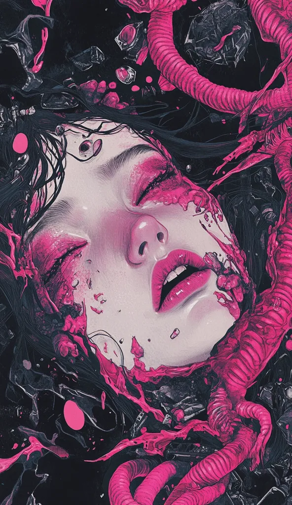 The artwork depicts a woman's face, partially submerged in a swirling mass of dark liquid and vibrant pink paint.  Her eyes are closed, and pink makeup accentuates her features, blending with the surrounding paint.  Organic, tube-like forms in pink intertwine with the black background, suggesting a scene of both beauty and decay or transformation. The overall style is surreal and darkly captivating, with a blend of realistic rendering and abstract elements.