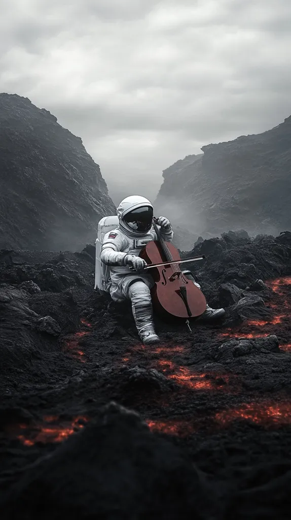 An astronaut sits on dark, volcanic terrain, playing a cello.  Glowing embers snake across the ground, adding a surreal contrast to the desolate landscape. The astronaut's white spacesuit stands out against the dark rocks and overcast sky. The scene is dramatic and melancholic, suggesting isolation and the unexpected beauty of a harsh environment. The juxtaposition of the classical instrument with the cosmic setting evokes a sense of wonder and solitude.